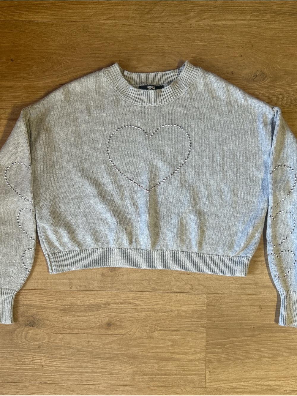 Madden NYC‎ Grey Heart-Knit Crewneck Crop Top Sweater